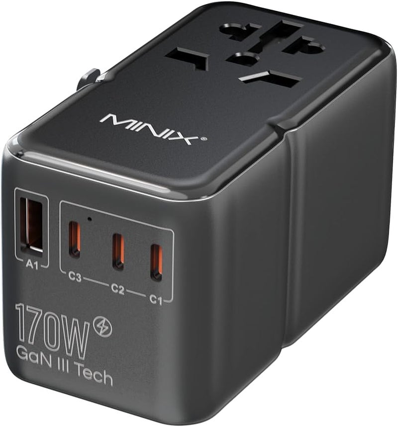 Minix 170W Universal Travel Adapter GaN III Travel Adapter Worldwide with 3 USB-C & 1 USB-A Ports, International Power Adapter Compatible with US/UK/EU/AU for Laptops, Tablets, Phones, Cameras - Image 1